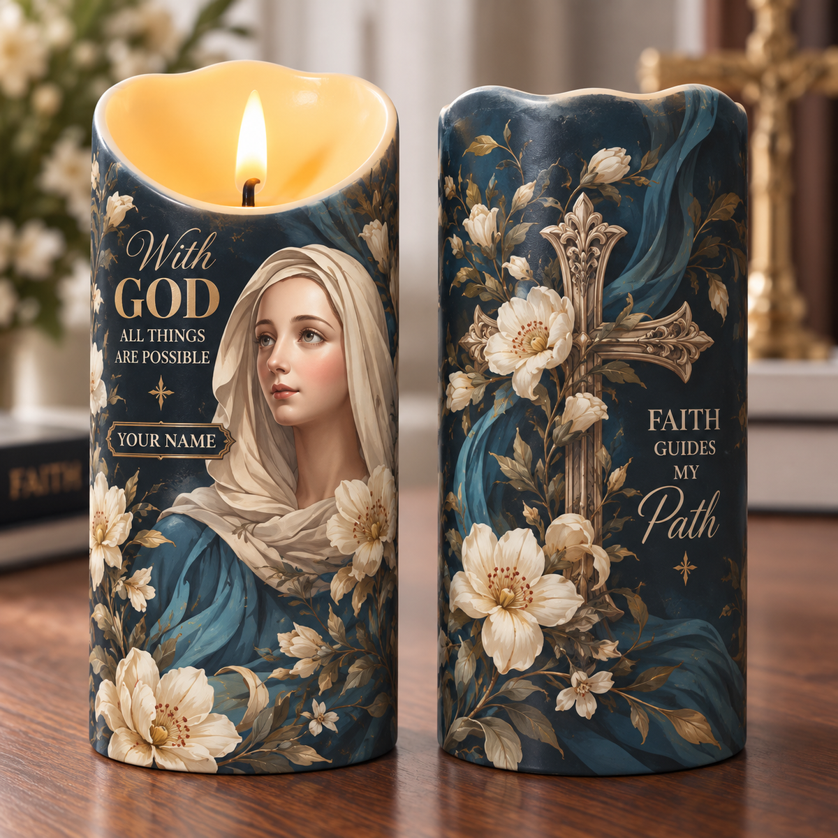 Personalized Virgin Mary Ivory Floral Flameless LED Candle