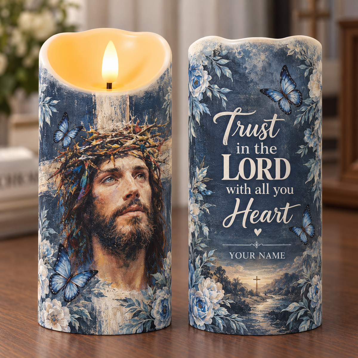 Personalized Jesus Blue Butterfly Flameless LED Candle