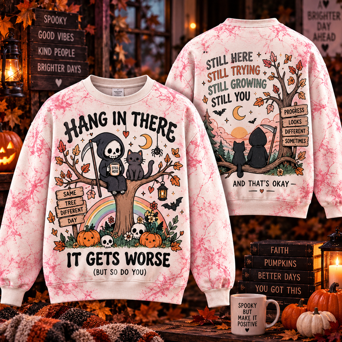 Hang in There Cat Skeleton Sweatshirt