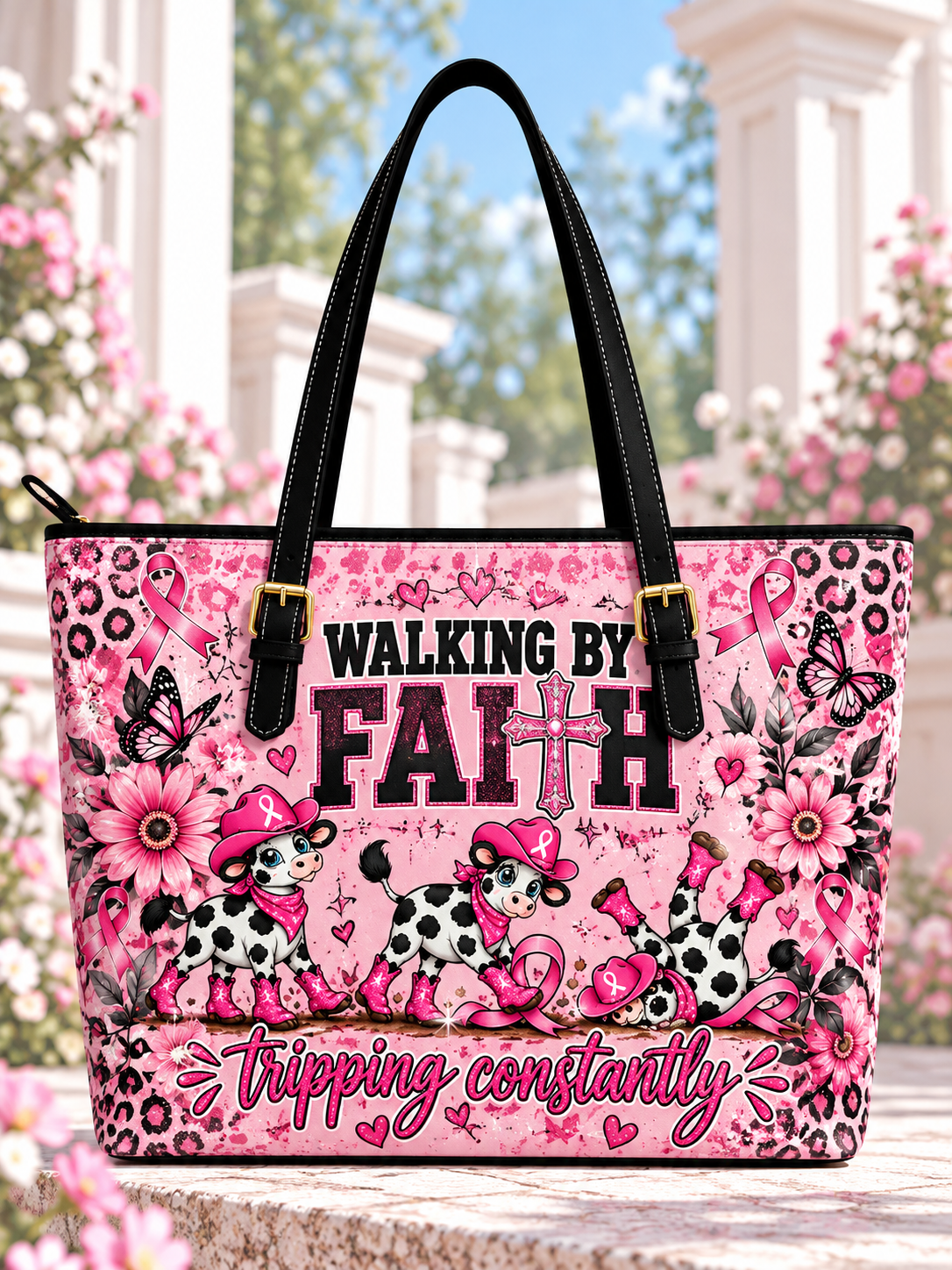 Walking By Faith Tripping Constantly Pink Cowgirl Cow Saddle Bag