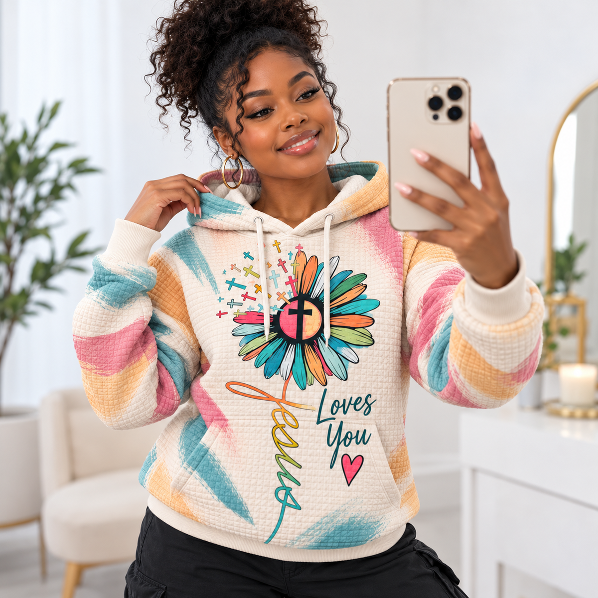 Pastel Brushstroke Flower Waffle Hoodie
