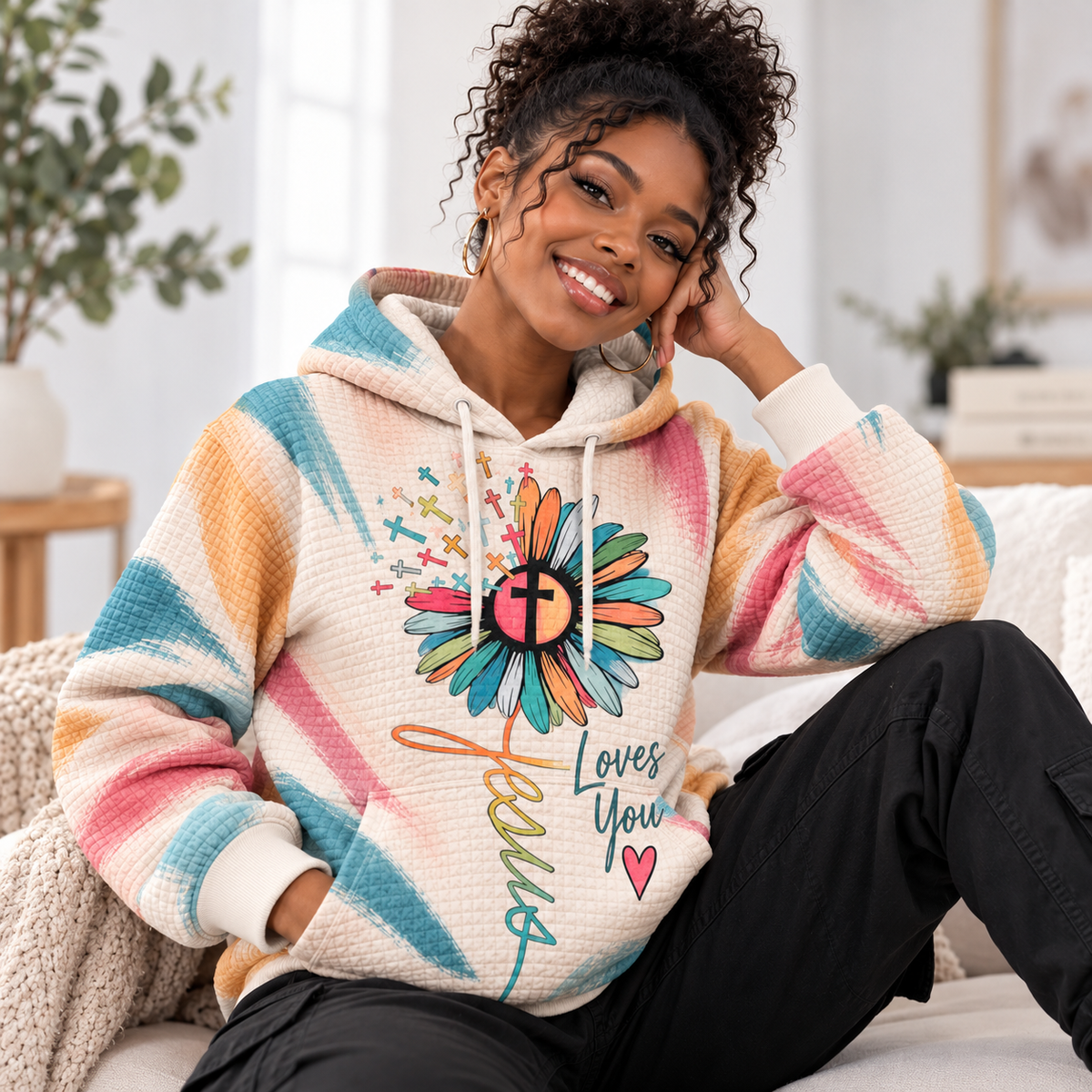 Pastel Brushstroke Flower Waffle Hoodie
