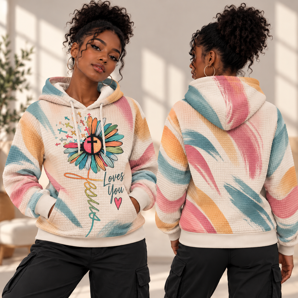 Pastel Brushstroke Flower Waffle Hoodie
