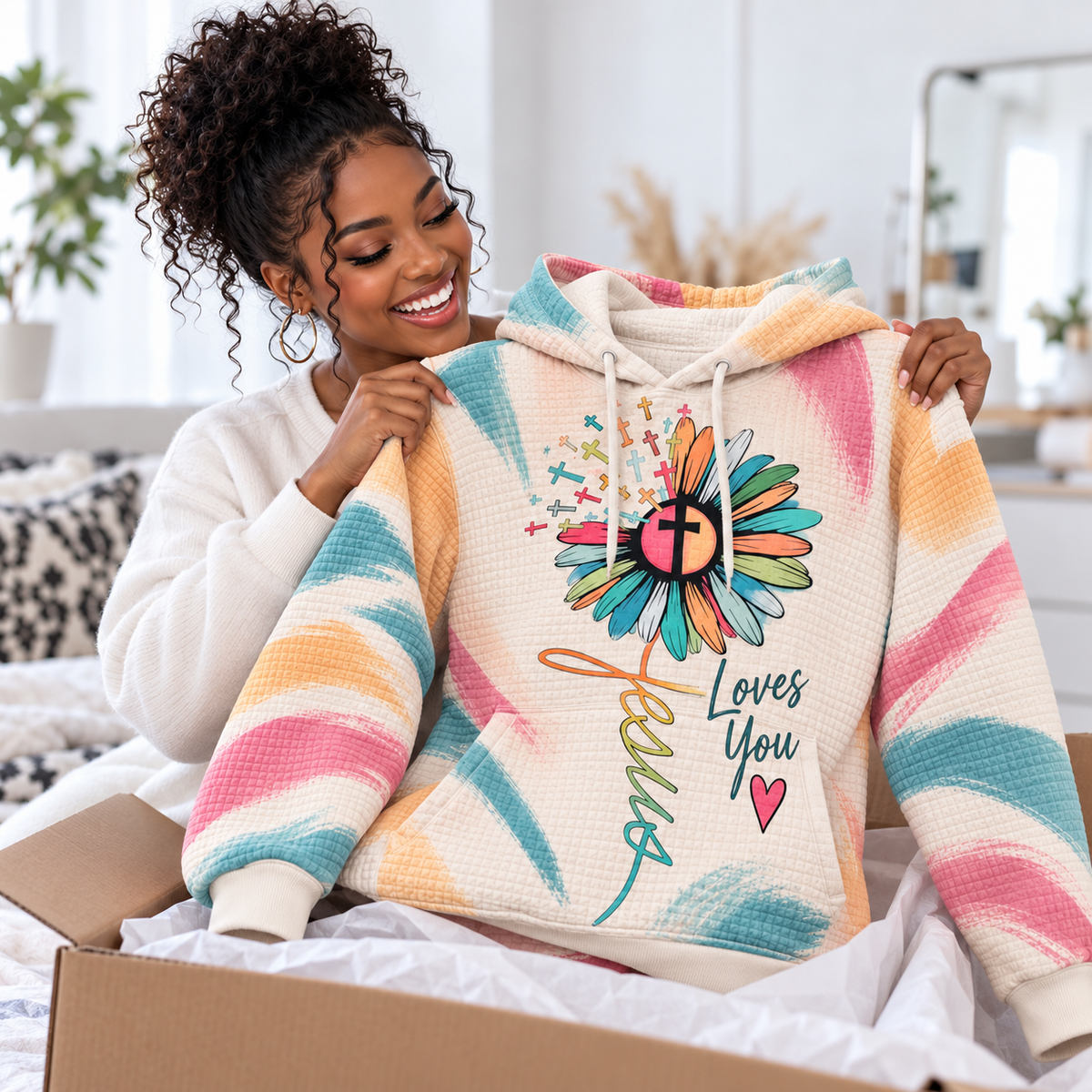 Pastel Brushstroke Flower Waffle Hoodie