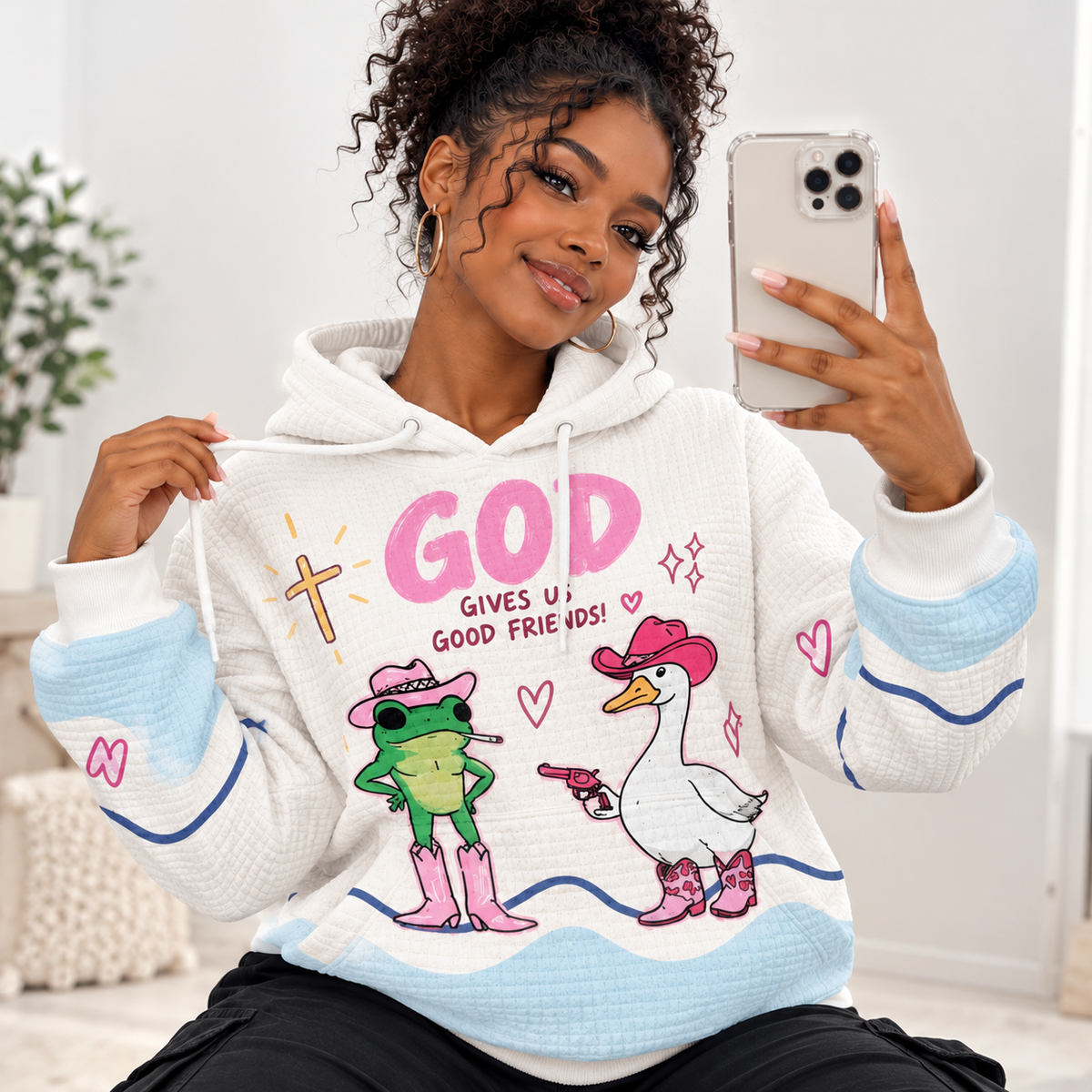 Cowgirl Frog and Goose Waffle Hoodie