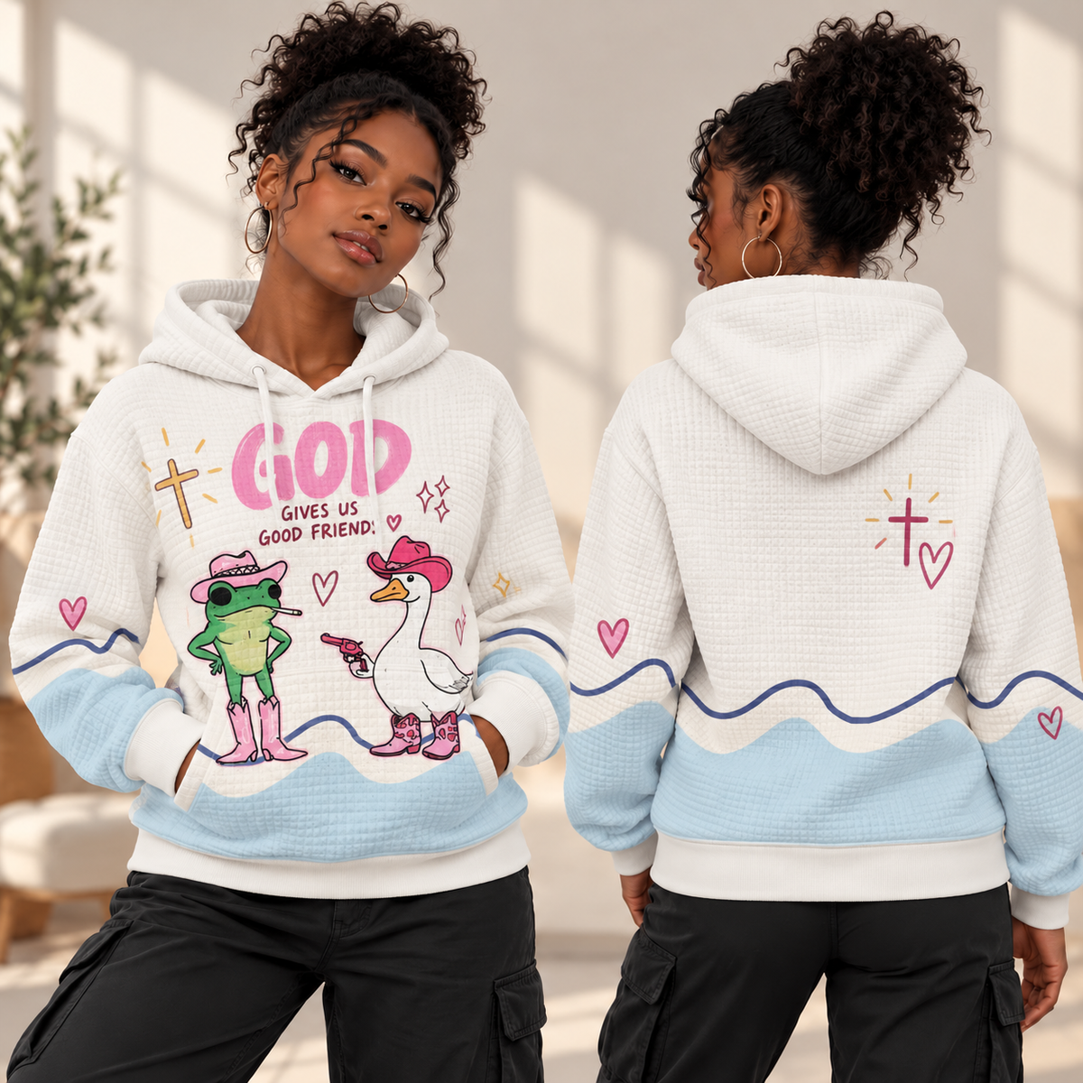 Cowgirl Frog and Goose Waffle Hoodie