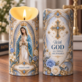 Personalized Virgin Mary Blue Floral Flameless LED Candle