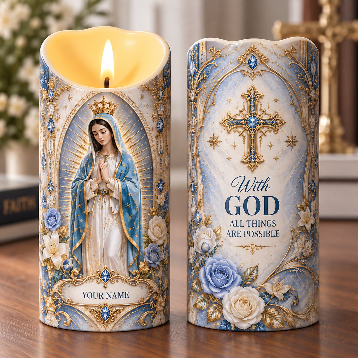 Personalized Virgin Mary Blue Floral Flameless LED Candle