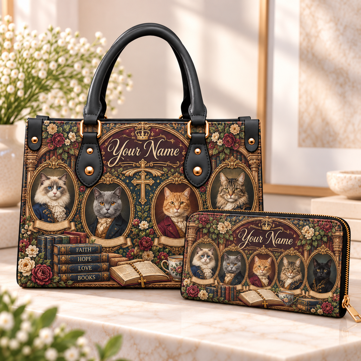 Personalized Regal Cats PU Leather Handbag & Leather Long Wallet
