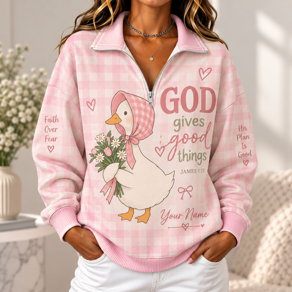 Personalized Pink Bonnet Goose Women's Half-zip Sweatshirt NWY076