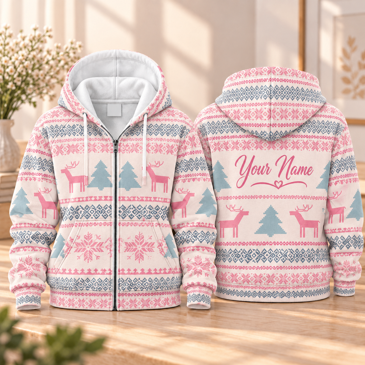 Personalized Pink Reindeer Nordic Zip Hoodie