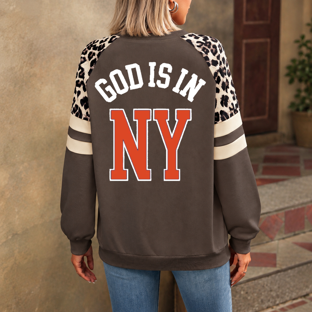 New York God Is In NY Leopard Sleeve Sweatshirt