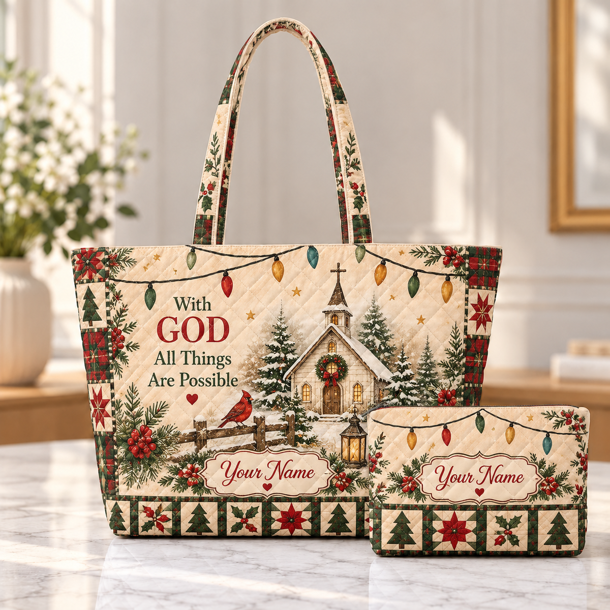 Personalized Winter Cardinal Quilted Shoulder Bag & Storage Bag