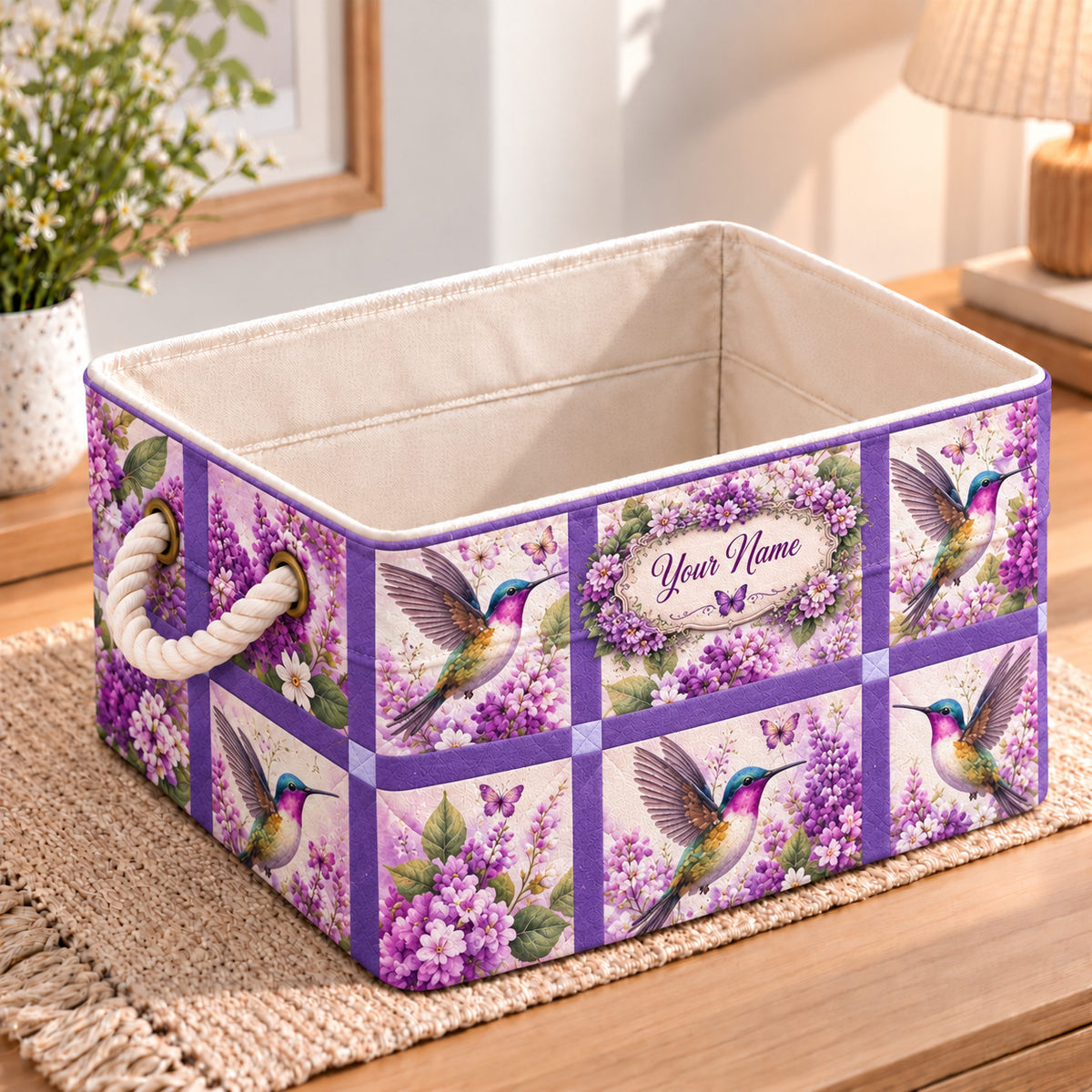 Personalized Purple Hummingbird Patchwork Storage Basket