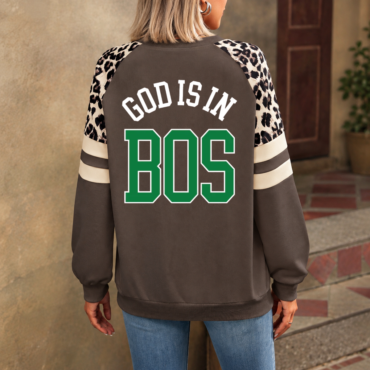 Boston God Is In BOS Leopard Sleeve Sweatshirt