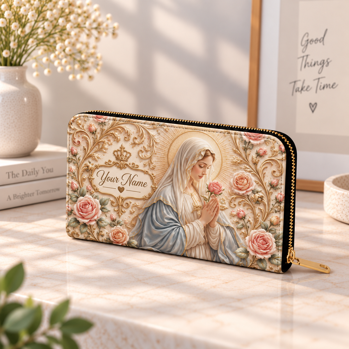 Personalized Blush Rose Portrait PU Leather Long Wallet