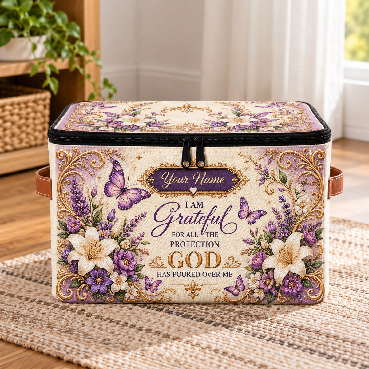 Personalized Purple Butterfly Square Storage Basket With Lid