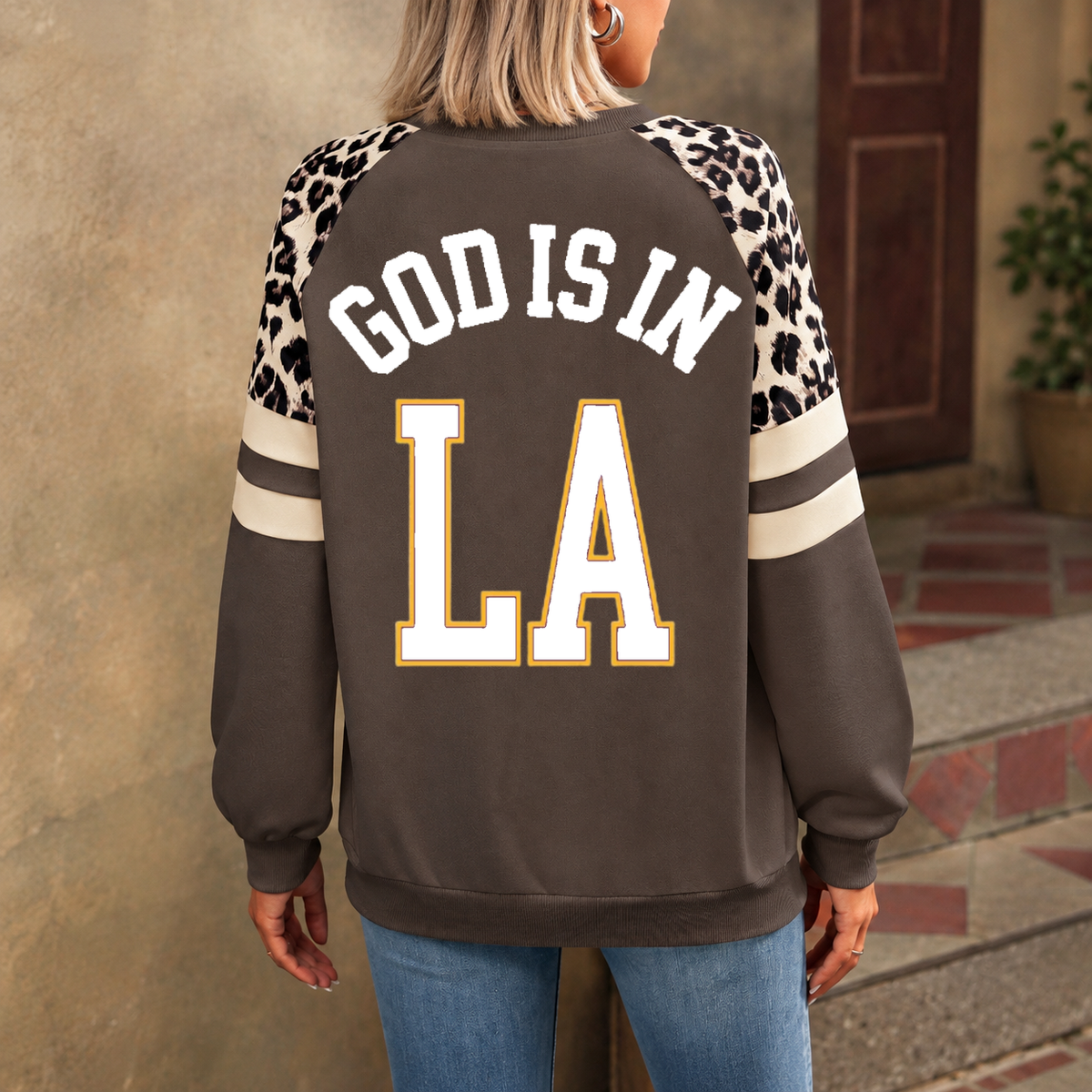 Los Angeles God Is In LA Leopard Sleeve Sweatshirt