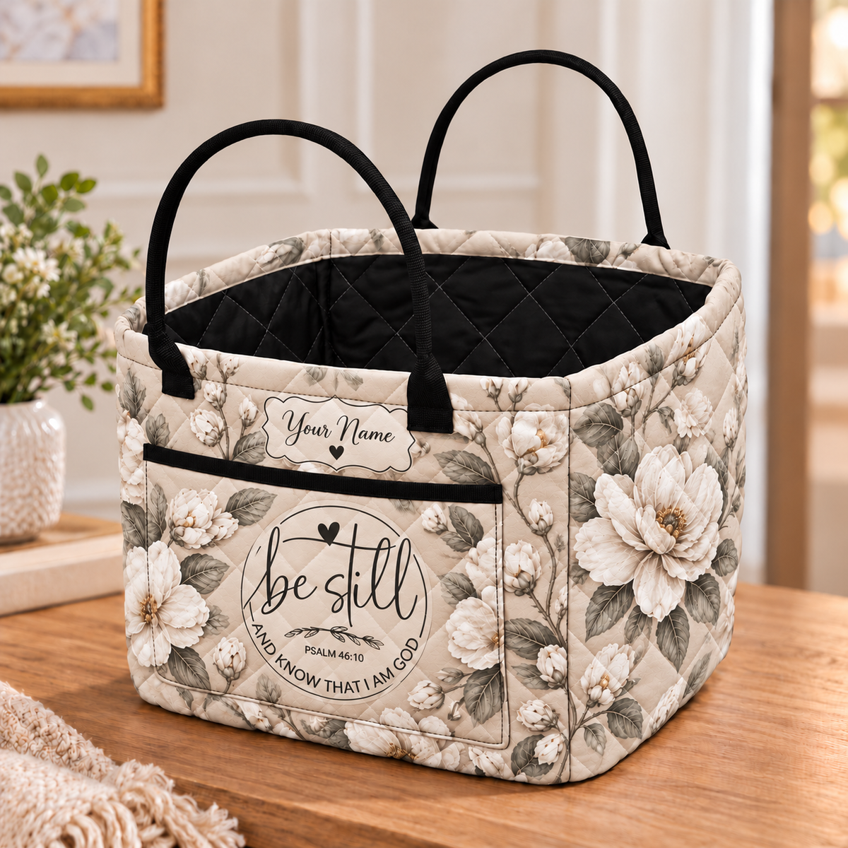 Personalized Ivory Floral Quilted Storage Basket