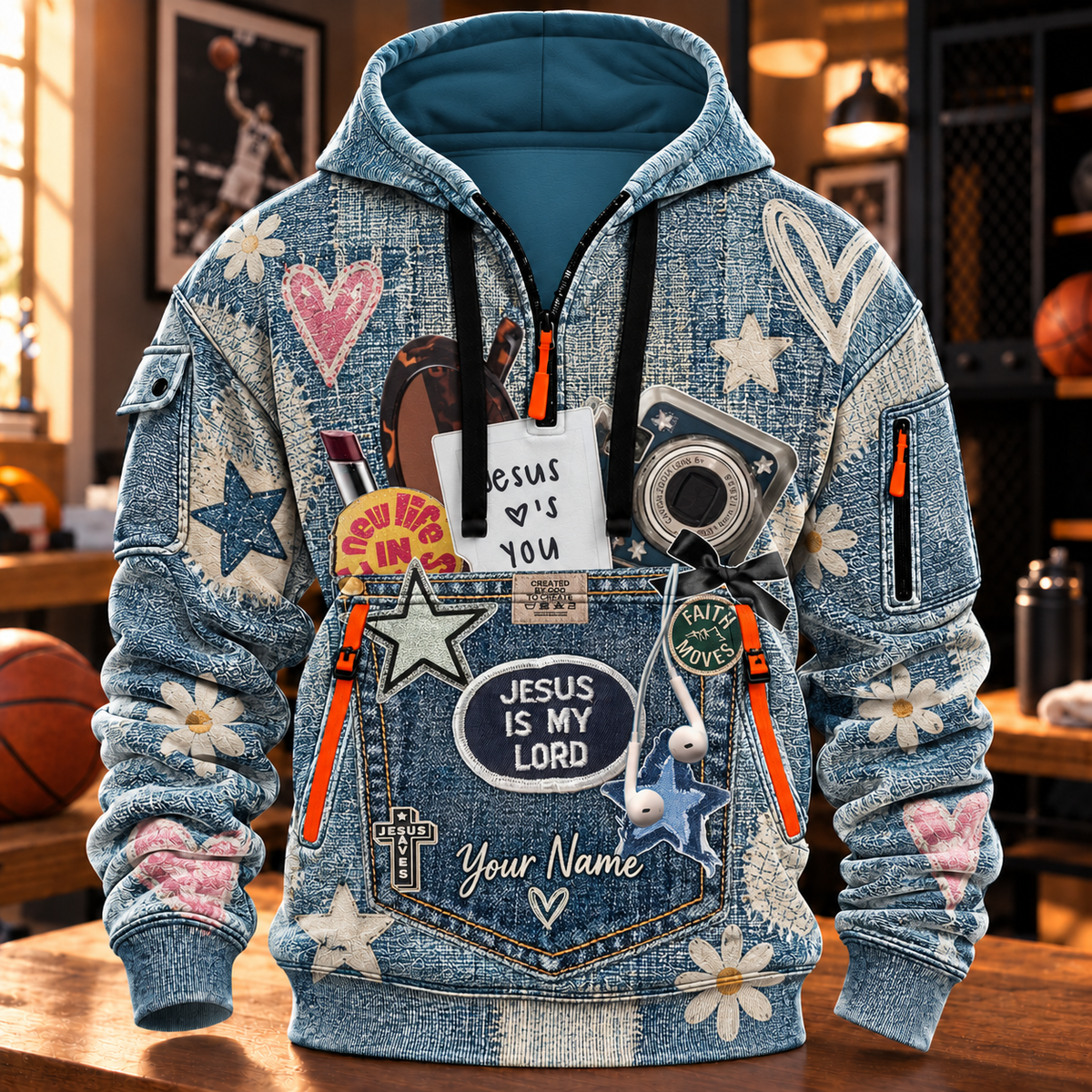 Personalized Denim Look Daisy Half-Zip Hoodie