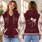 Burgundy Cherry Bow Zip-up Baseball Jacket