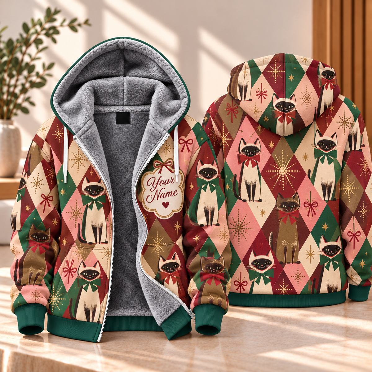 Siamese Cat Argyle Personalized Fleece Jacket