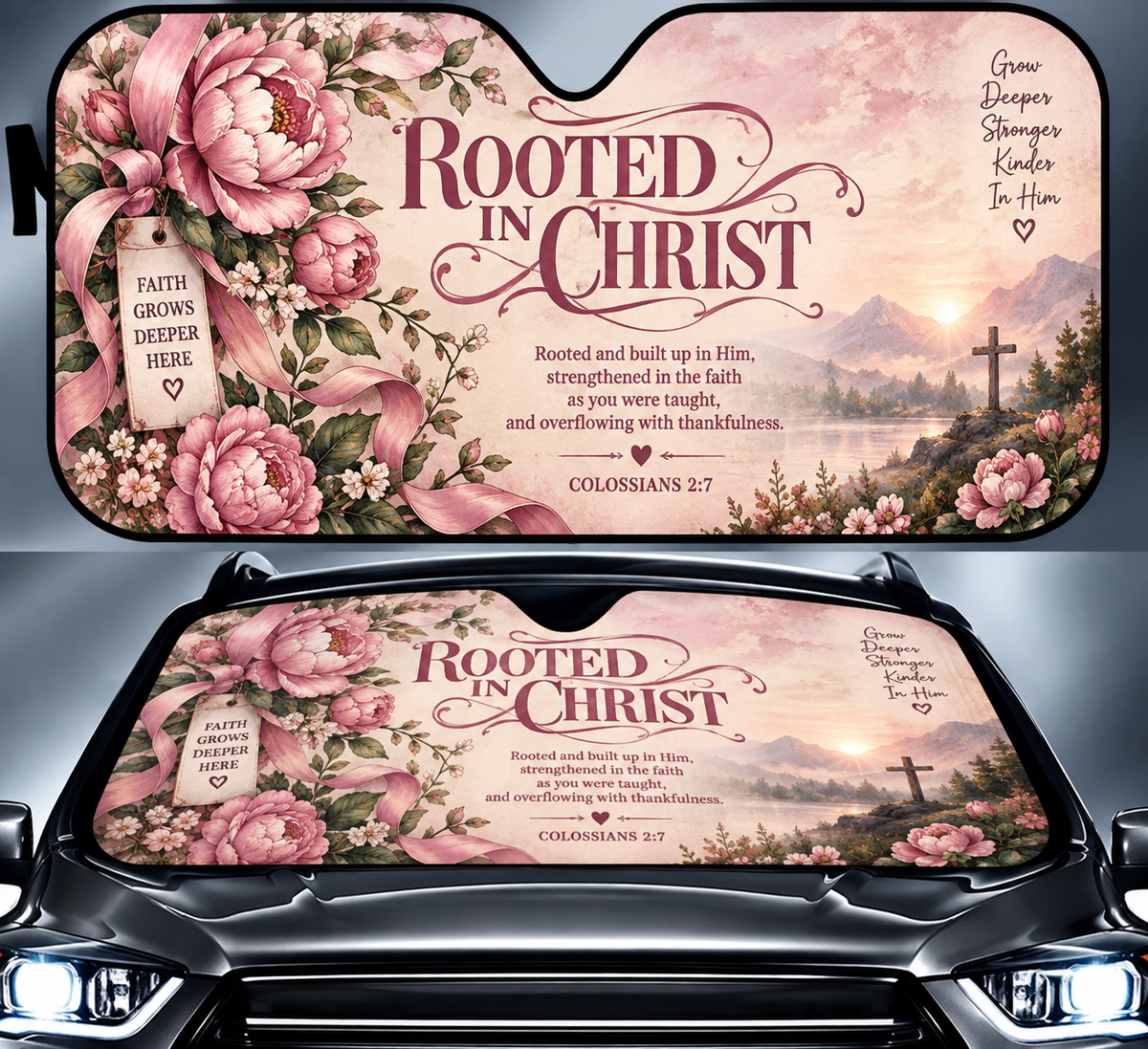 Rooted In Christ Floral Cross Car Sun Shade