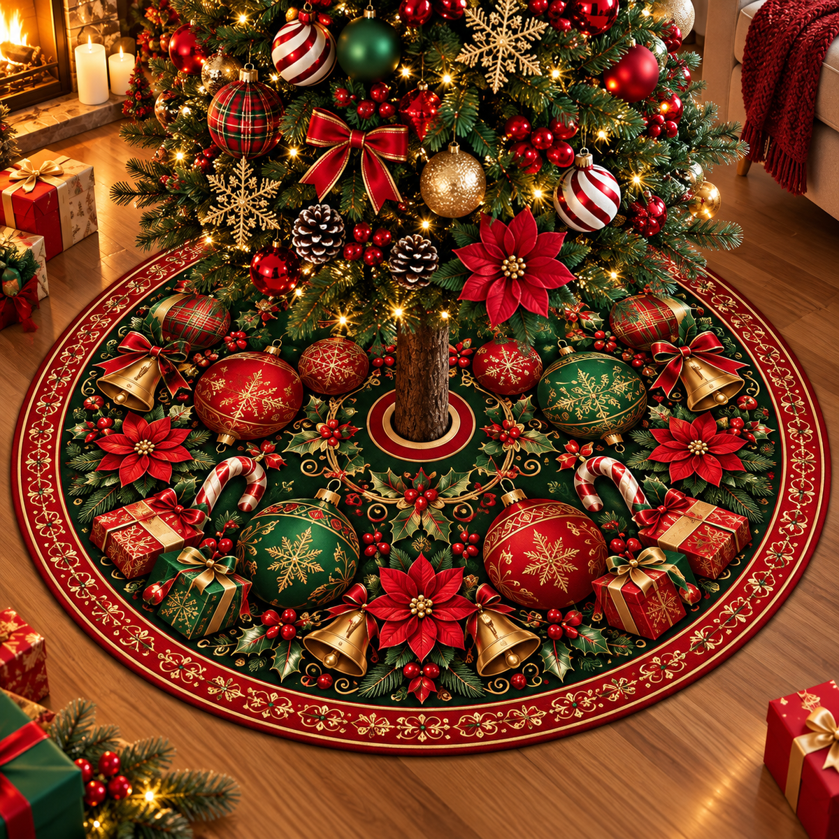 Poinsettia Ornaments Christmas Tree Skirt