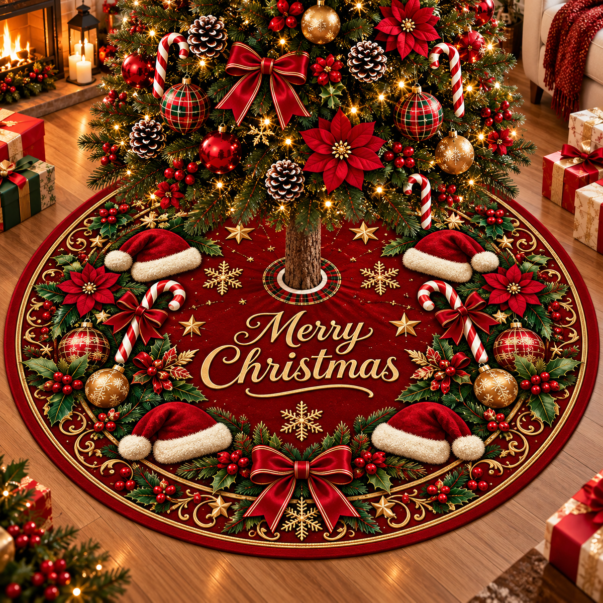 Merry Christmas Santa Hat Christmas Tree Skirt