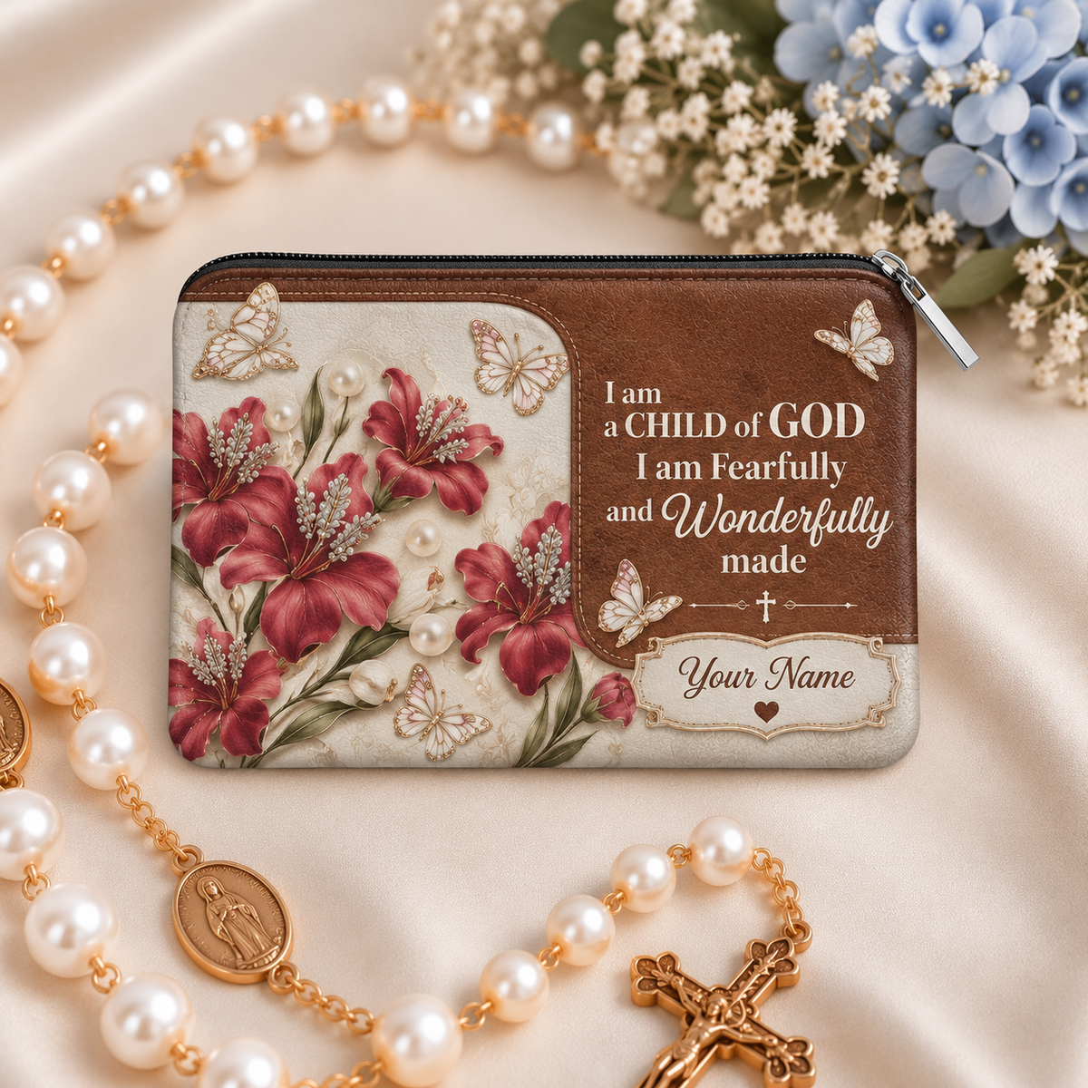 Child of God Floral Personalized PU Leather Pouch