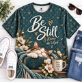 Be Still & Know He Is God | Teal Butterfly Sleeping Cat All-Over Print Christian T-Shirt