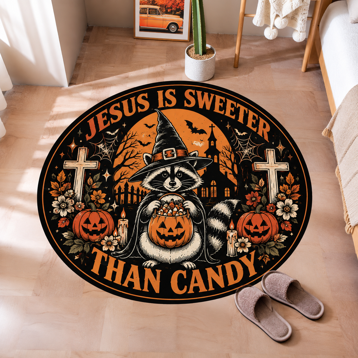 Jesus Is Sweeter Than Candy Raccoon Halloween Round Rug