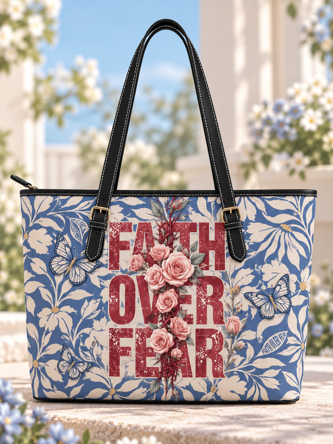 Faith Over Fear Pink Rose Butterfly Saddle Bag