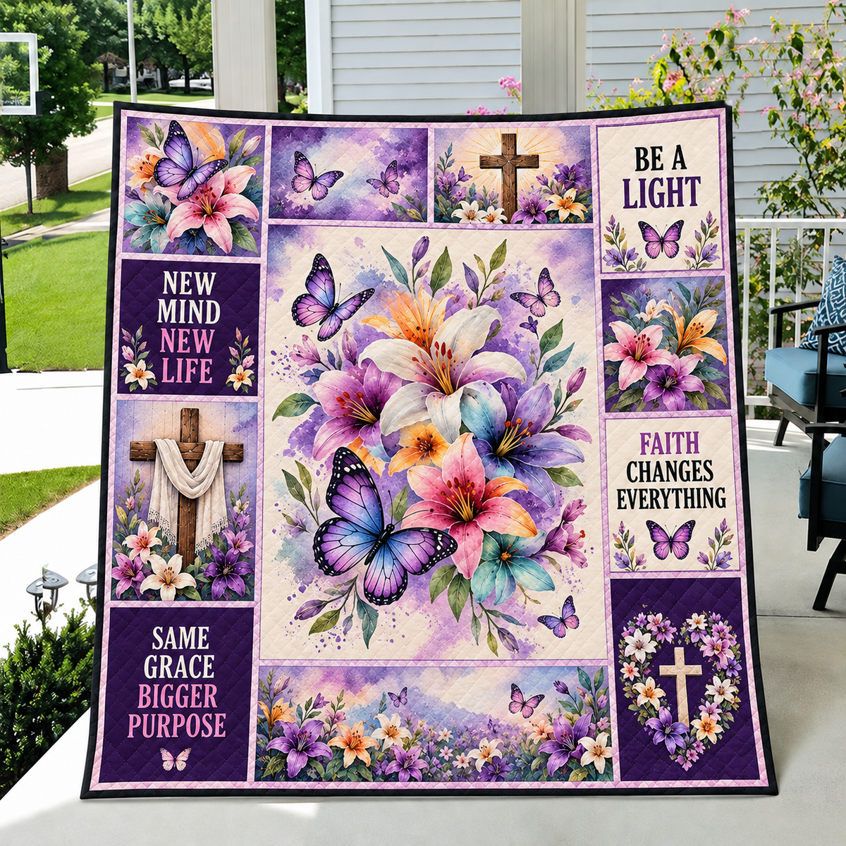 Faith Changes Everything Purple Butterfly Lily Floral Quilt