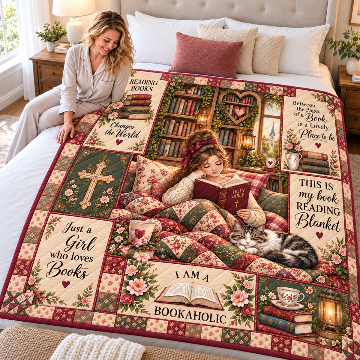Book Lover Girl and Cat Quilt