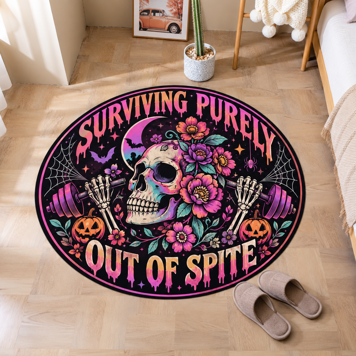 Surviving Purely Out Of Spite Skull Halloween Round Rug