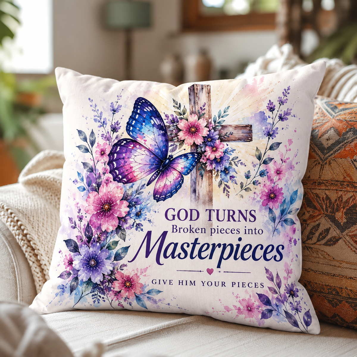 God Turns Broken Pieces Into Masterpieces Pillow