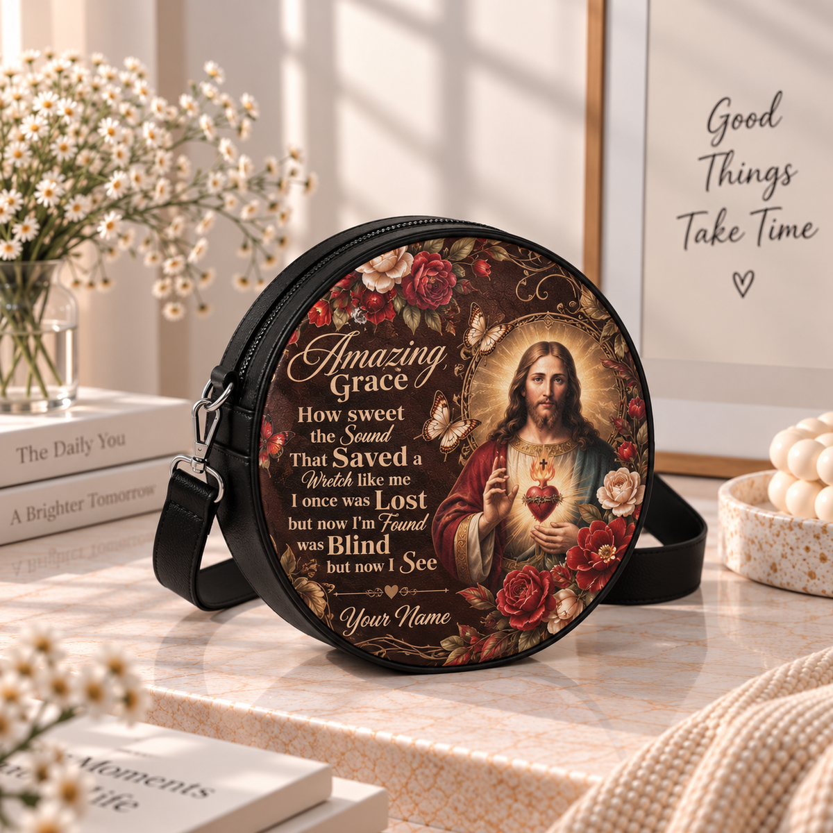 Personalized Jesus Amazing Grace Leather Round Bag
