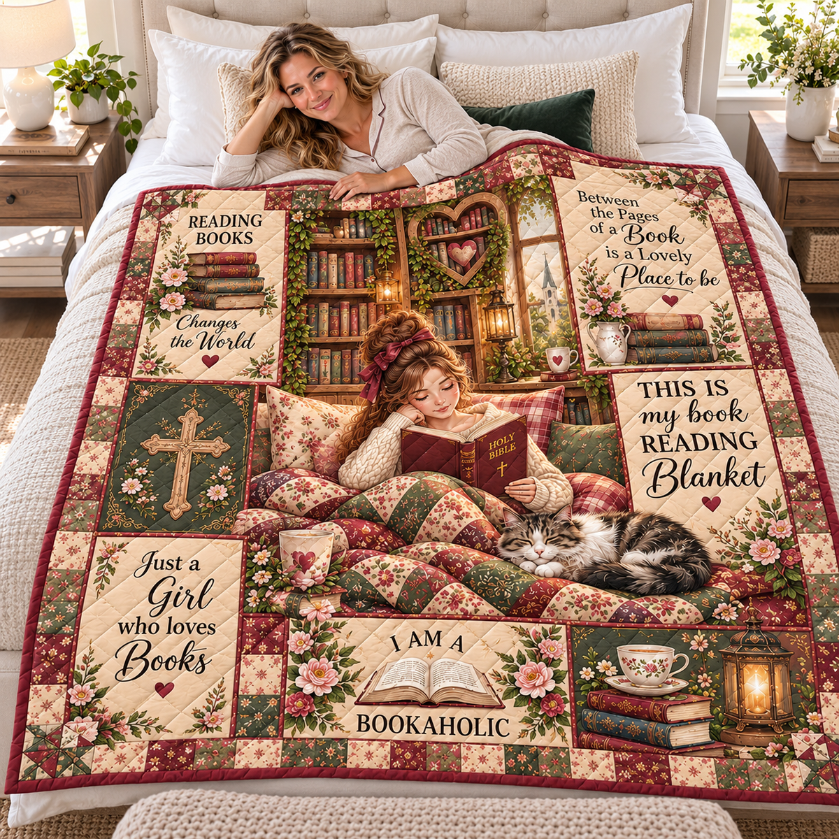 Book Lover Girl and Cat Quilt