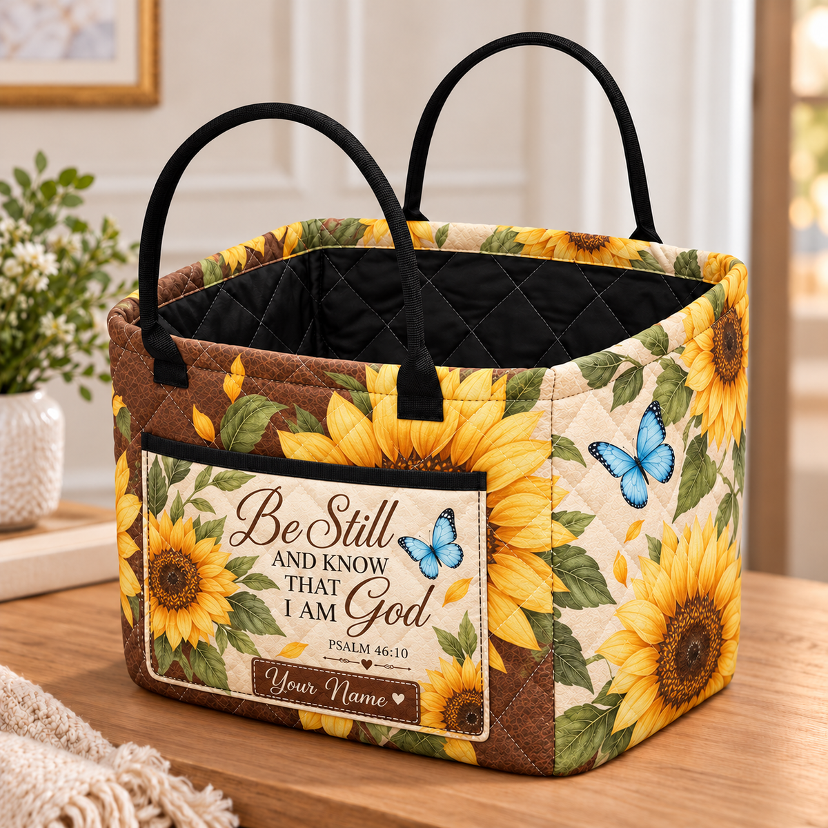 Personalized Sunflower Butterfly Quilted Storage Basket