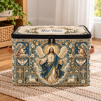 Personalized Navy Gold Floral Square Storage Basket With Lid