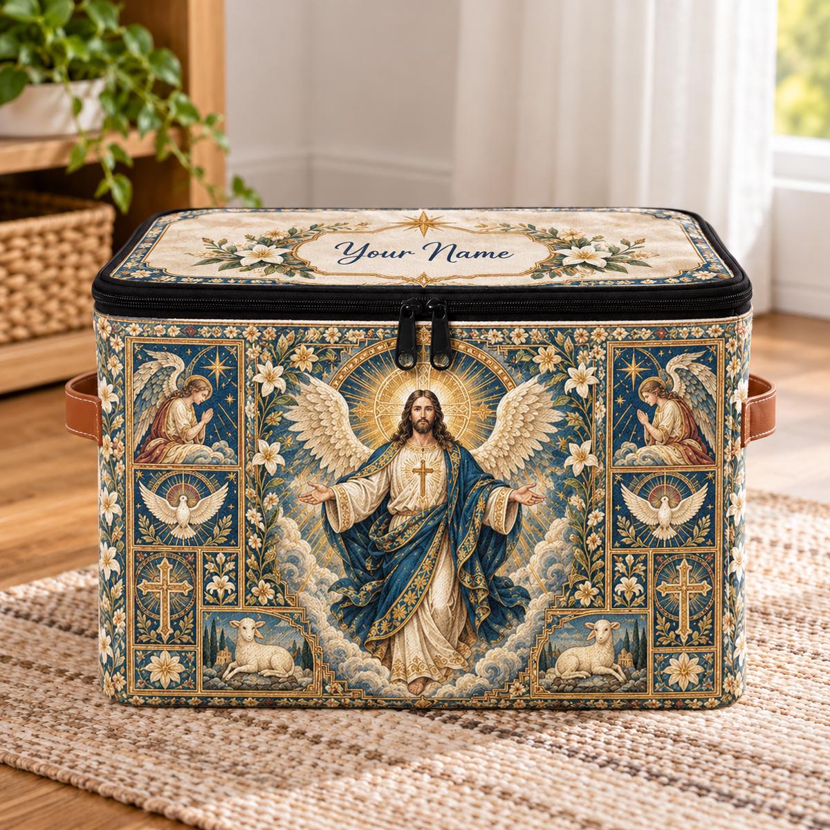 Personalized Navy Gold Floral Square Storage Basket With Lid