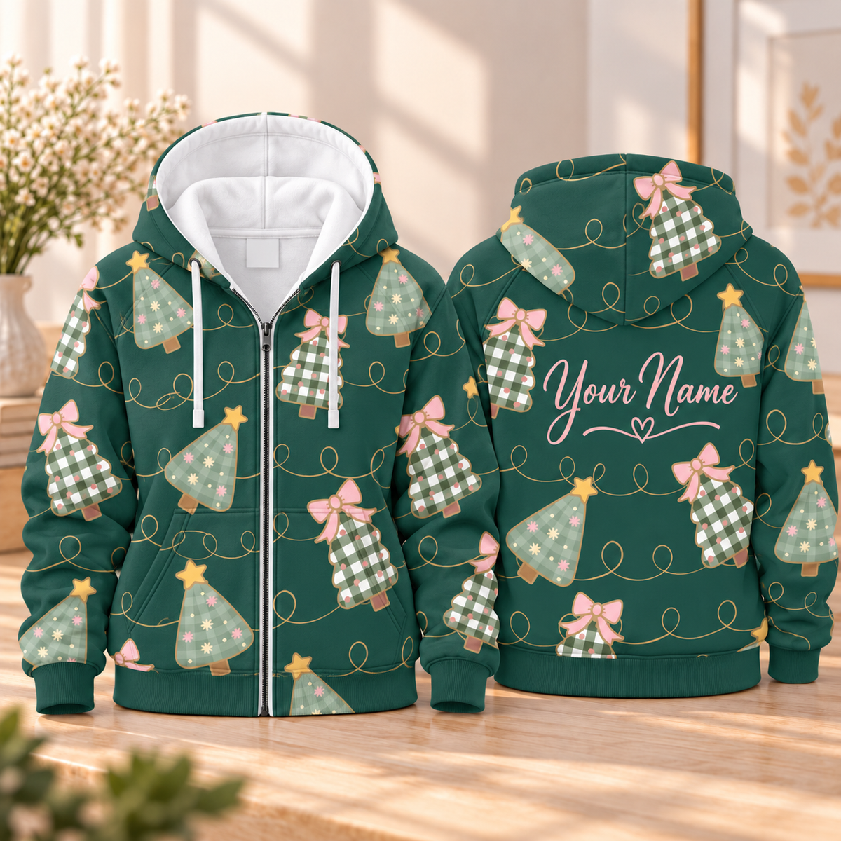 Personalized Green Gingham Tree Zip Hoodie
