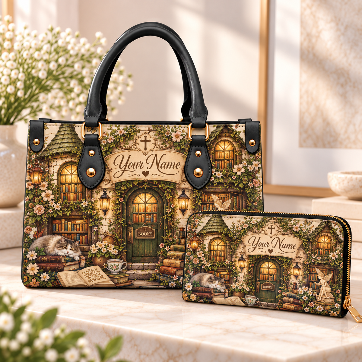 Personalized Cottage Bookshop PU Leather Handbag & Leather Long Wallet