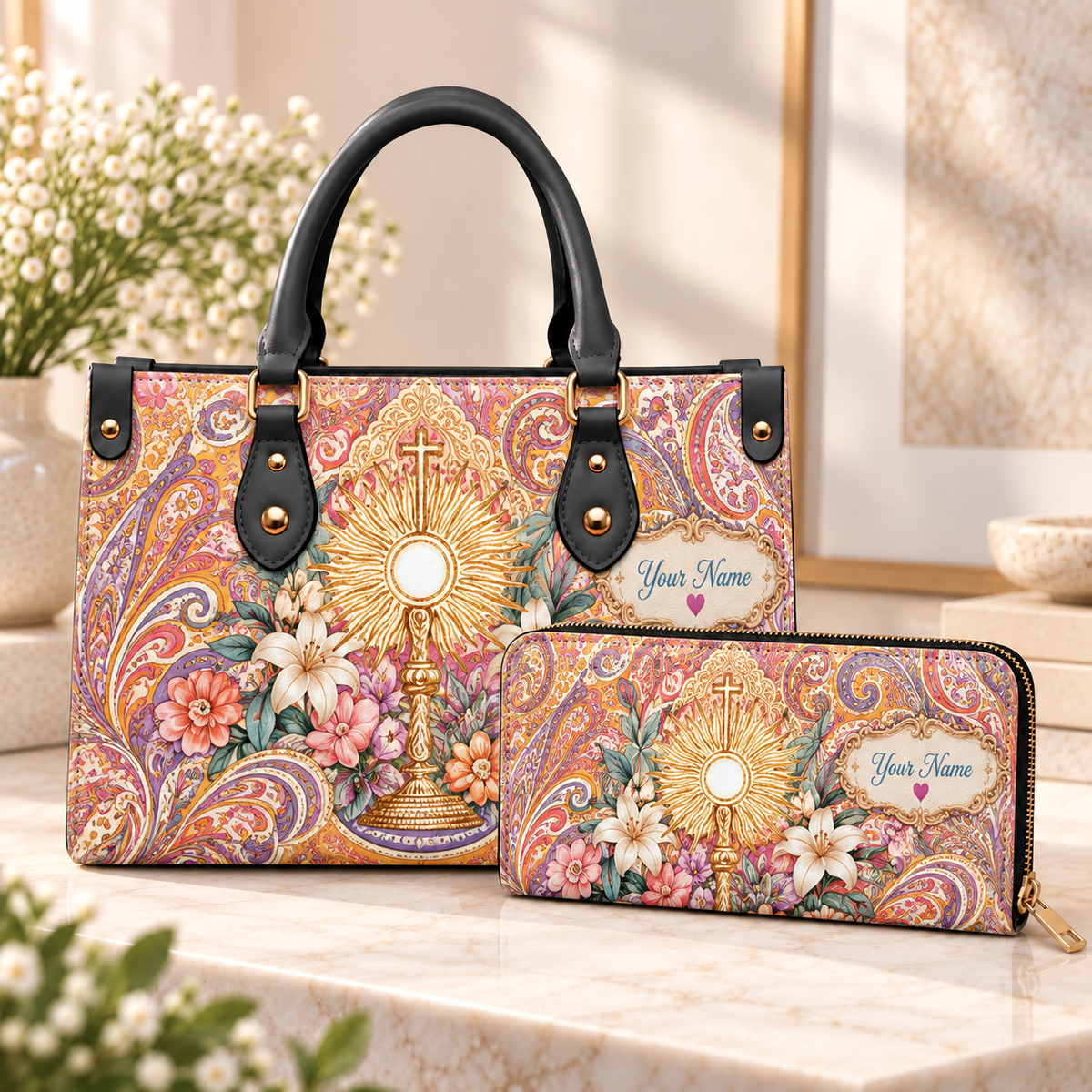 Personalized Floral Paisley PU Leather Handbag & Leather Long Wallet