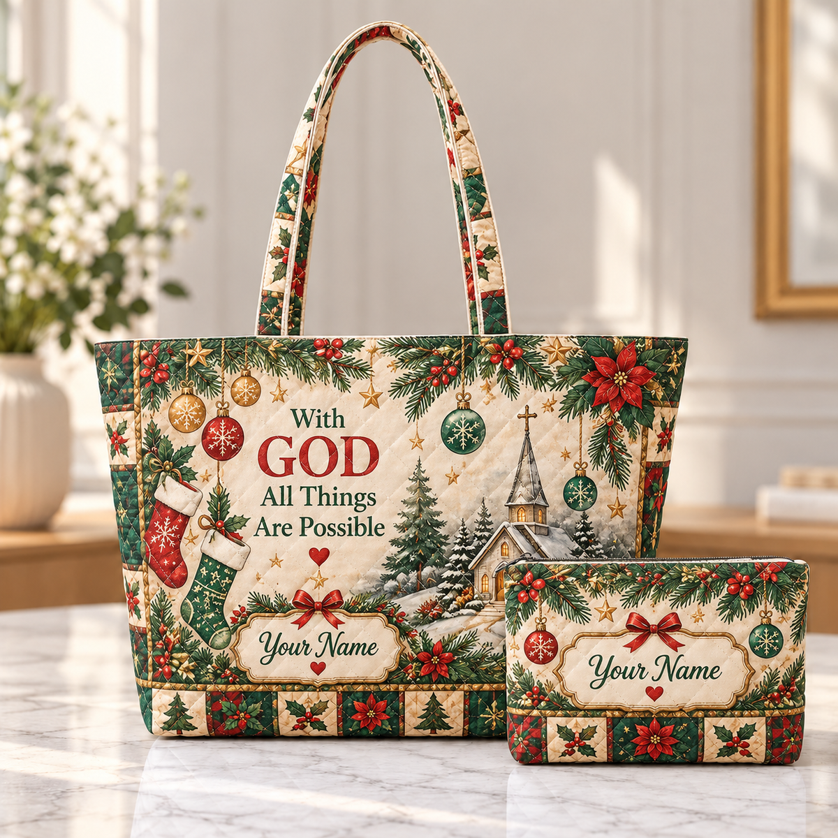 Personalized Winter Holiday Quilted Shoulder Bag & Storage Bag