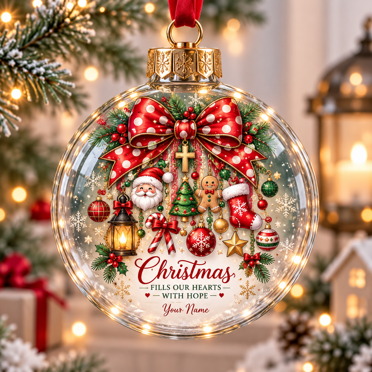 Personalized Red Bow Holiday Charms Christmas Ball Ornament