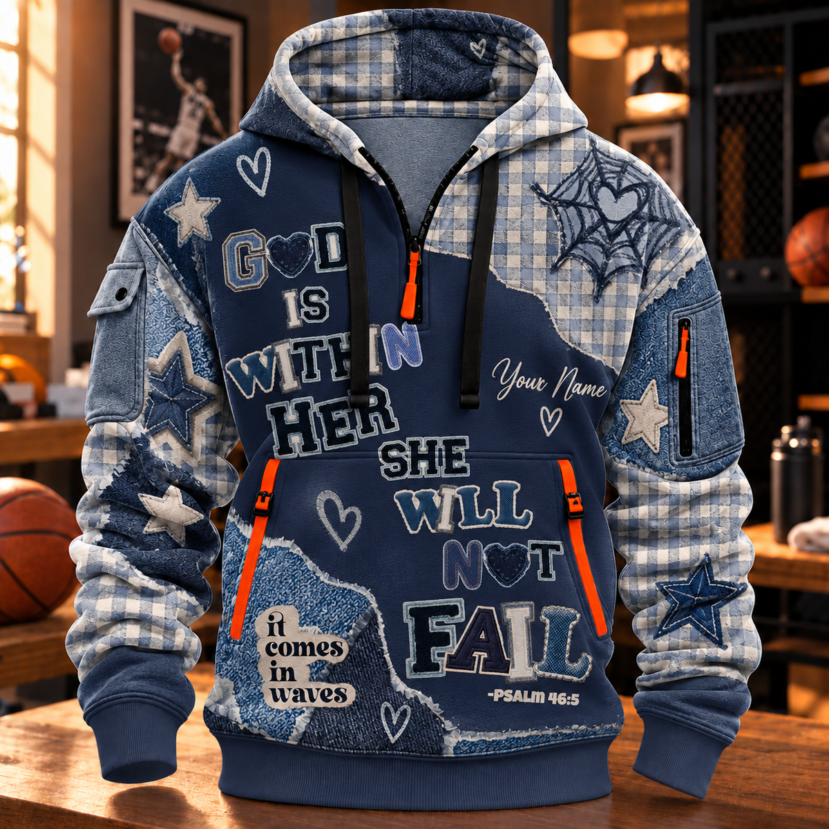 Personalized Navy Gingham Patchwork Half-Zip Hoodie