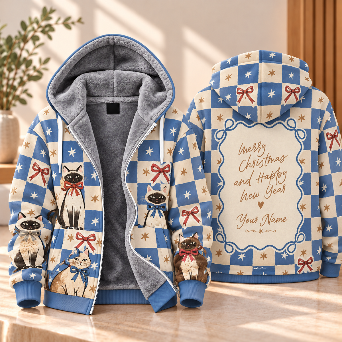 Checkerboard Bow Tie Cat Personalized Fleece Jacket
