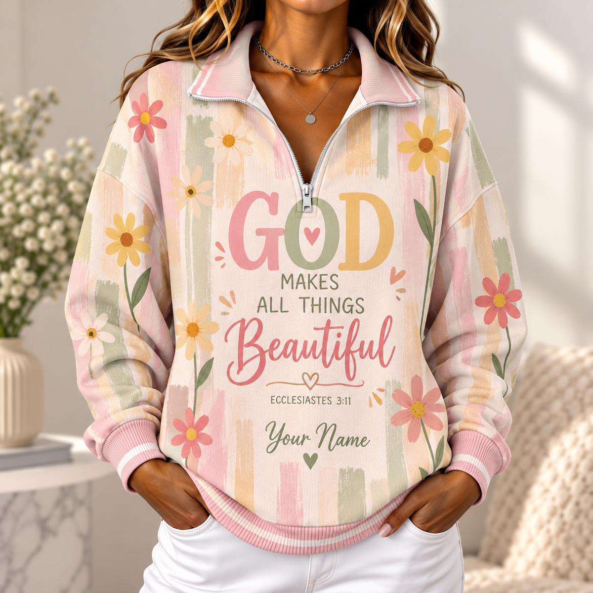 Personalized Pastel Daisy Women's Half-zip Sweatshirt NWY076